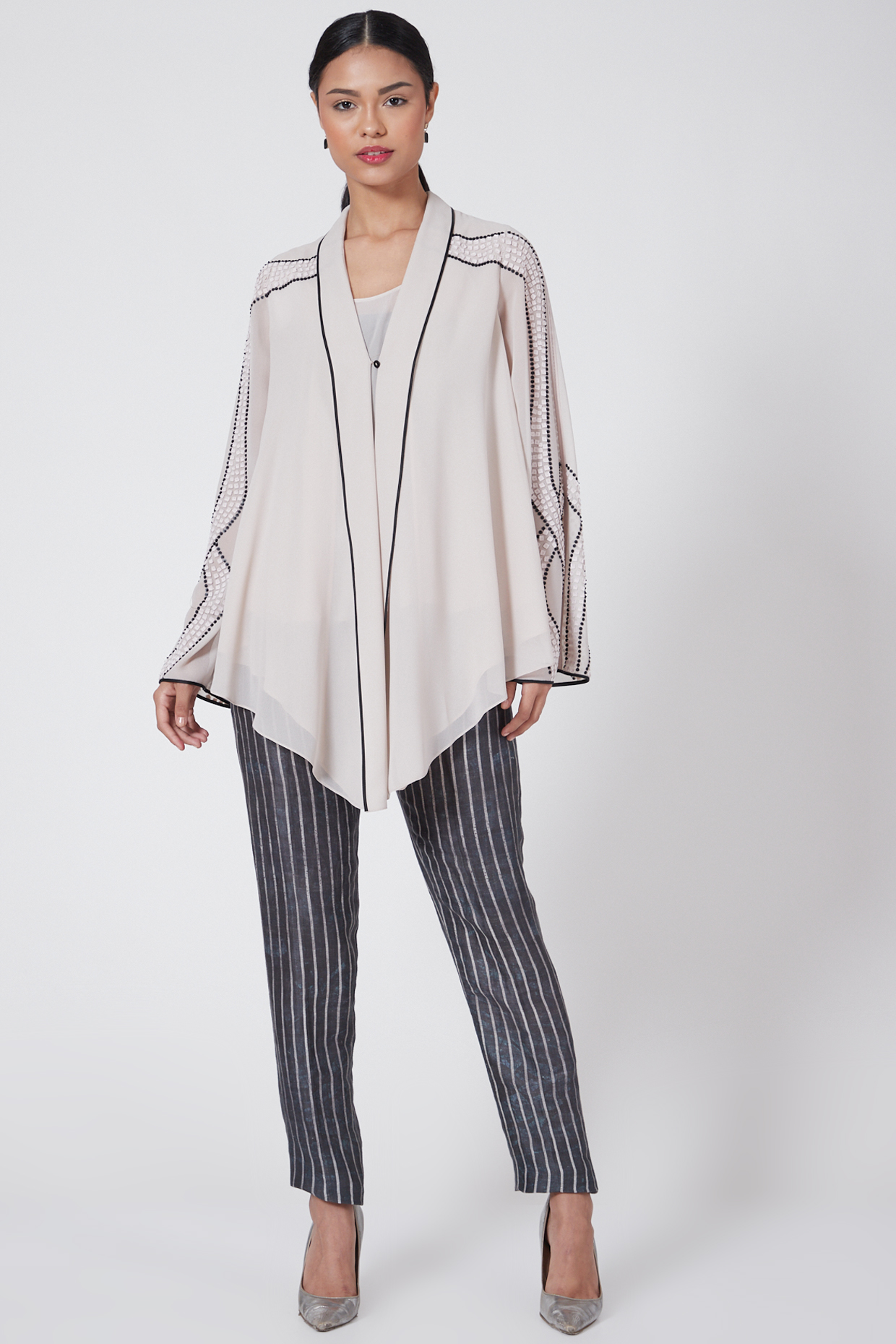 Light Taupe Embroidered Asymmetrical Top by Rohit Gandhi & Rahul Khanna
