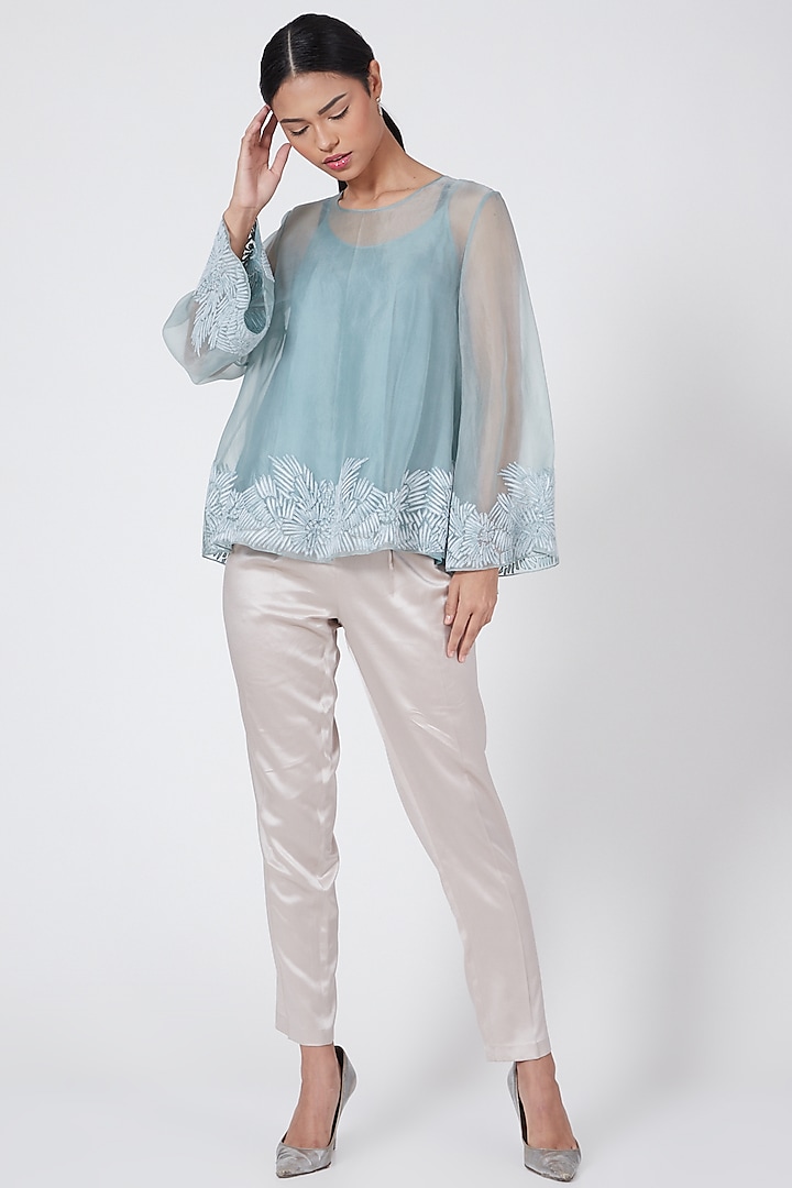 Turquoise Swing Top With Applique Work by Rohit Gandhi & Rahul Khanna
