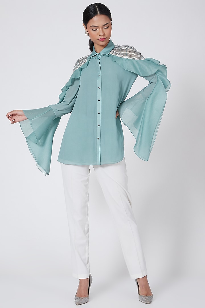 Turquoise Embroidered Button Up Shirt by Rohit Gandhi & Rahul Khanna