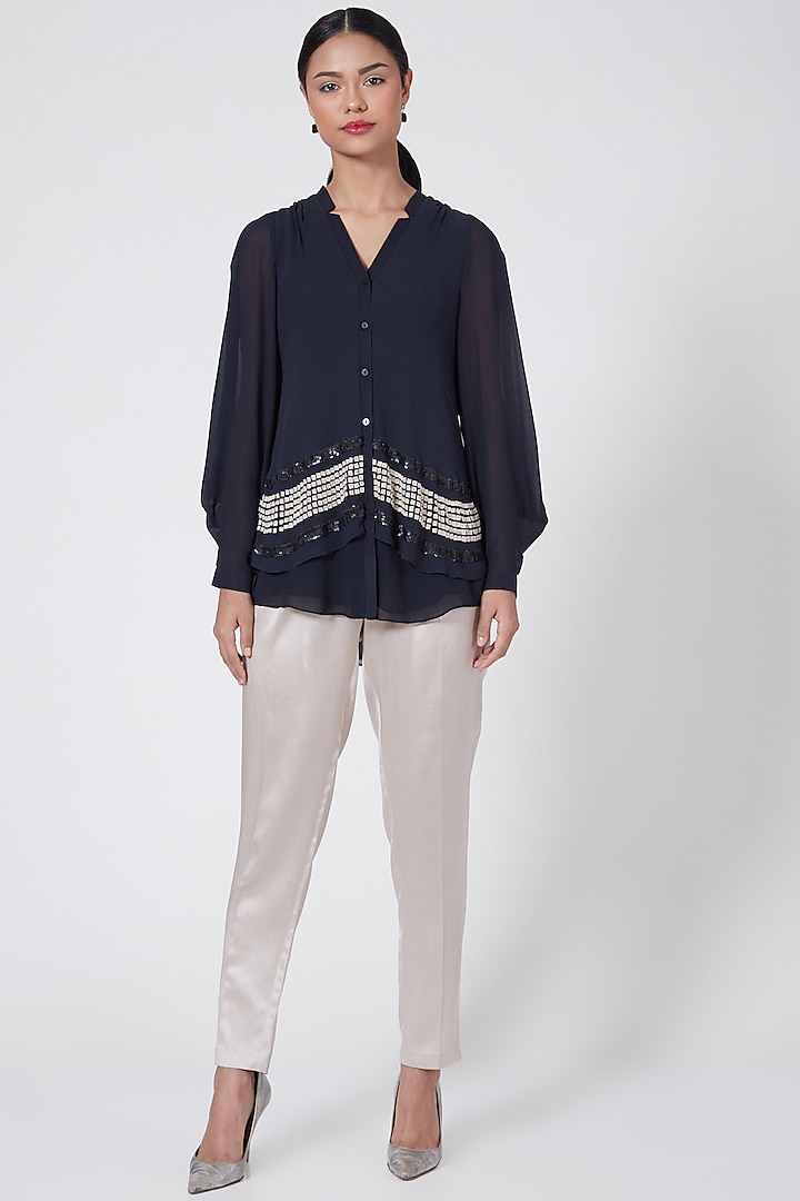 Midnight Blue Embroidered Top by Rohit Gandhi & Rahul Khanna