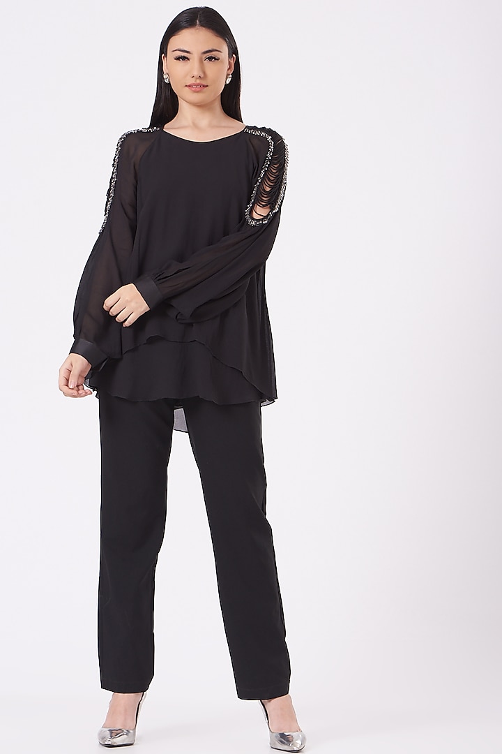 Black Embroidered Layered Top by Rohit Gandhi & Rahul Khanna