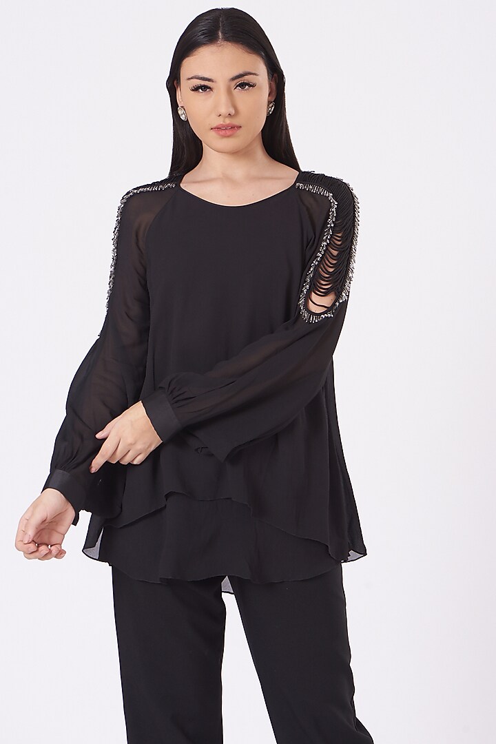 Black Embroidered Layered Top by Rohit Gandhi & Rahul Khanna at Pernia's Pop Up Shop