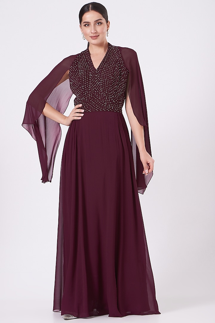 Wine Embroidered Jumpsuit by Rohit Gandhi & Rahul Khanna