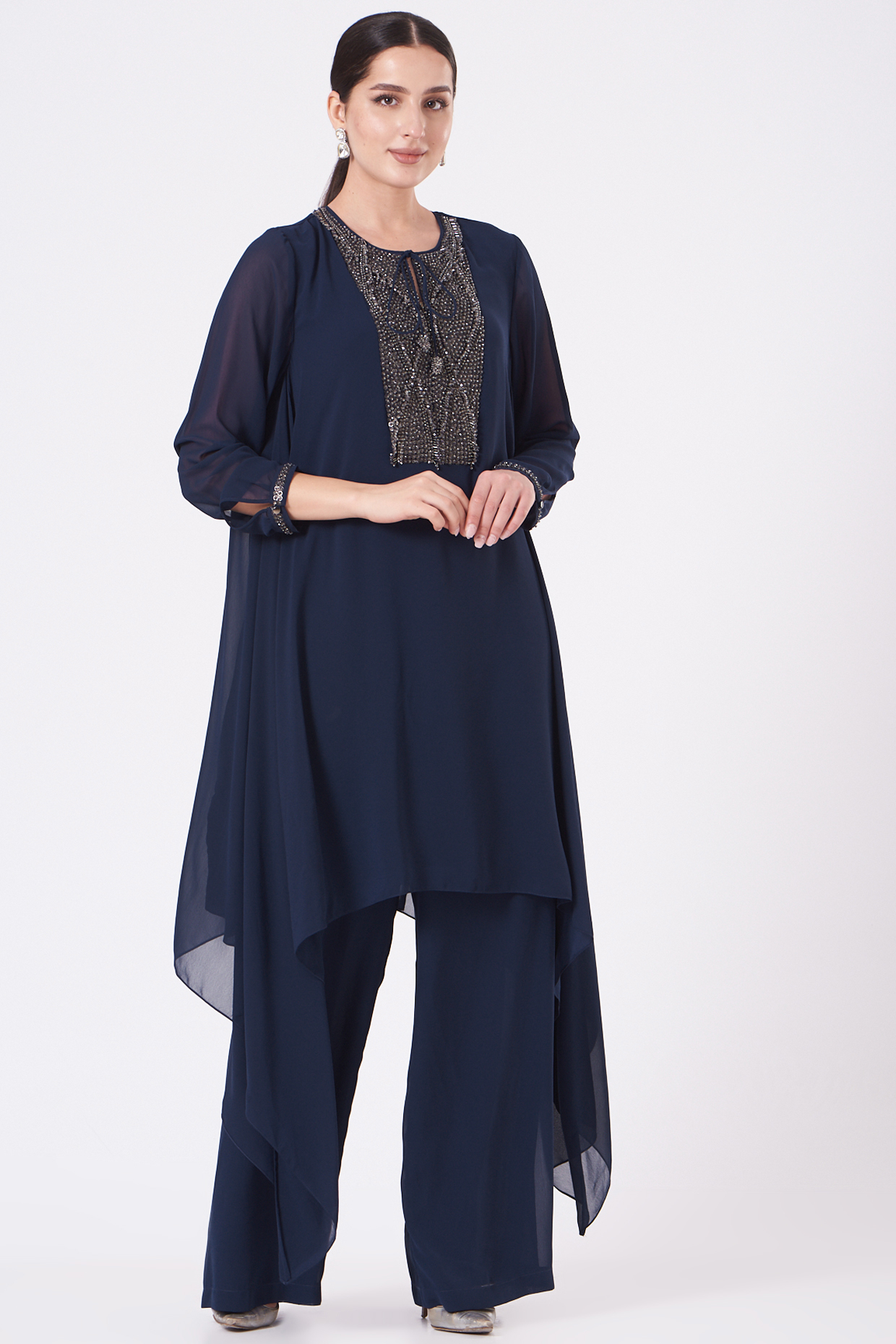 Midnight Blue Poly Georgette Pant Set by Rohit Gandhi & Rahul Khanna at Pernia's Pop Up Shop