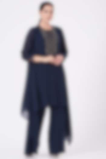 Midnight Blue Poly Georgette Pant Set by Rohit Gandhi & Rahul Khanna