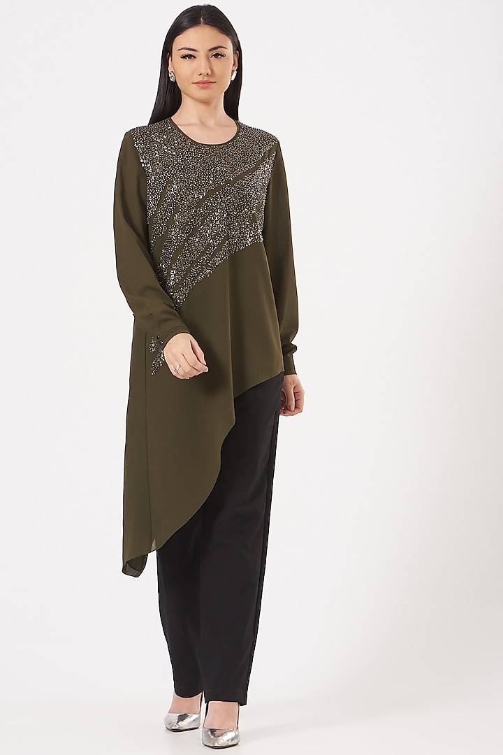 Olive Green Embroidered Top by Rohit Gandhi & Rahul Khanna