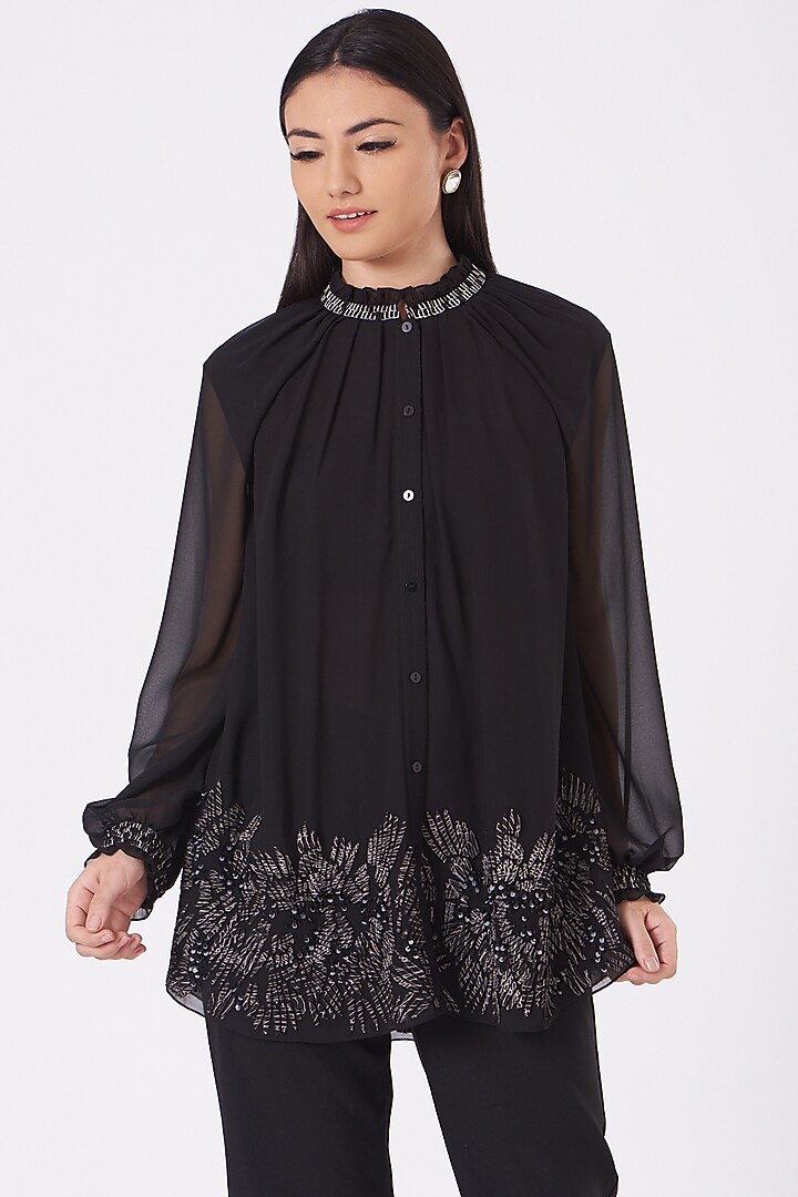 Black Viscose Georgette Top by Rohit Gandhi & Rahul Khanna at Pernia's Pop Up Shop
