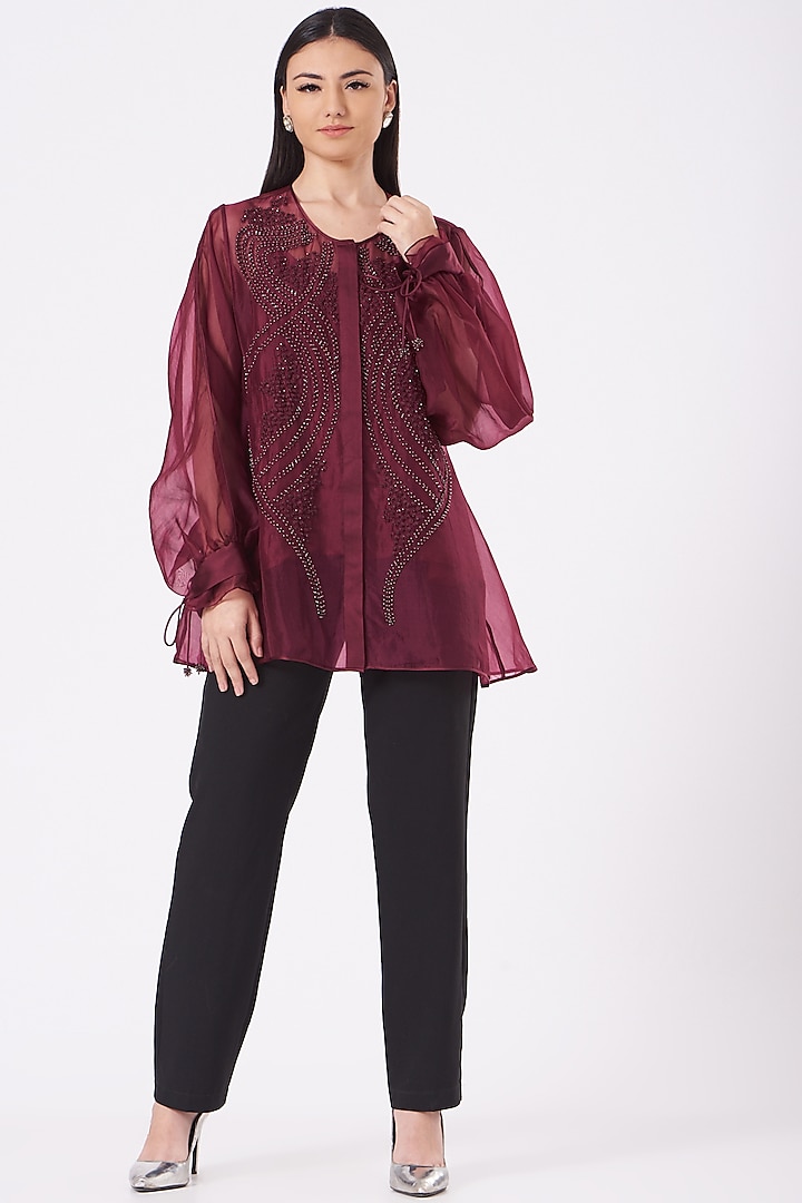 Maroon Organza Embroidered Top by Rohit Gandhi & Rahul Khanna