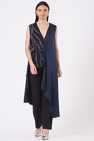 Navy Blue Crinkle Satin Jacket by Rohit Gandhi & Rahul Khanna