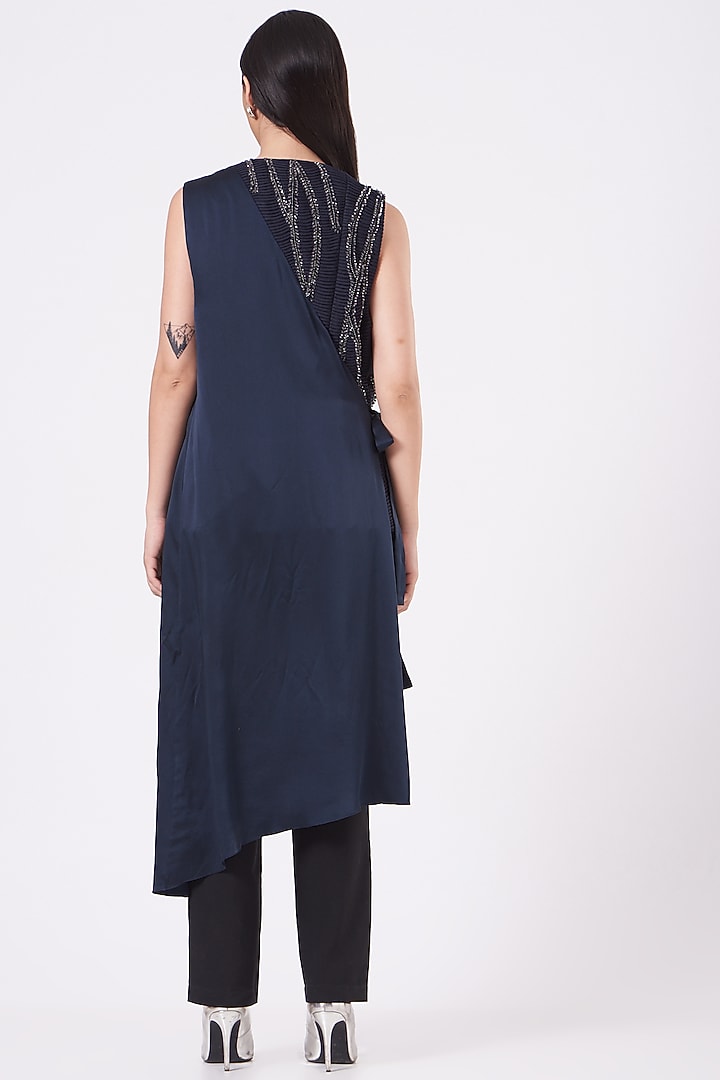 Navy Blue Crinkle Satin Jacket by Rohit Gandhi & Rahul Khanna at Pernia's Pop Up Shop