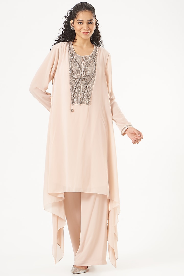 Blush Pink Poly Georgette Tunic Set by Rohit Gandhi & Rahul Khanna