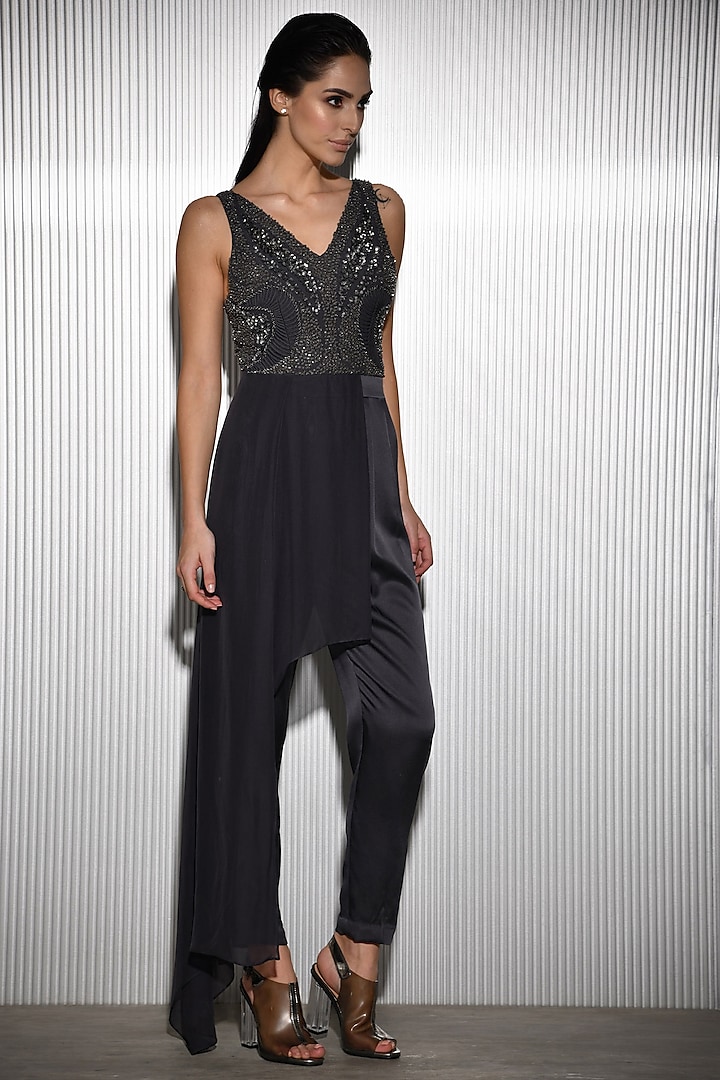 Grey Crystal Embroidered Jumpsuit by Rohit Gandhi & Rahul Khanna