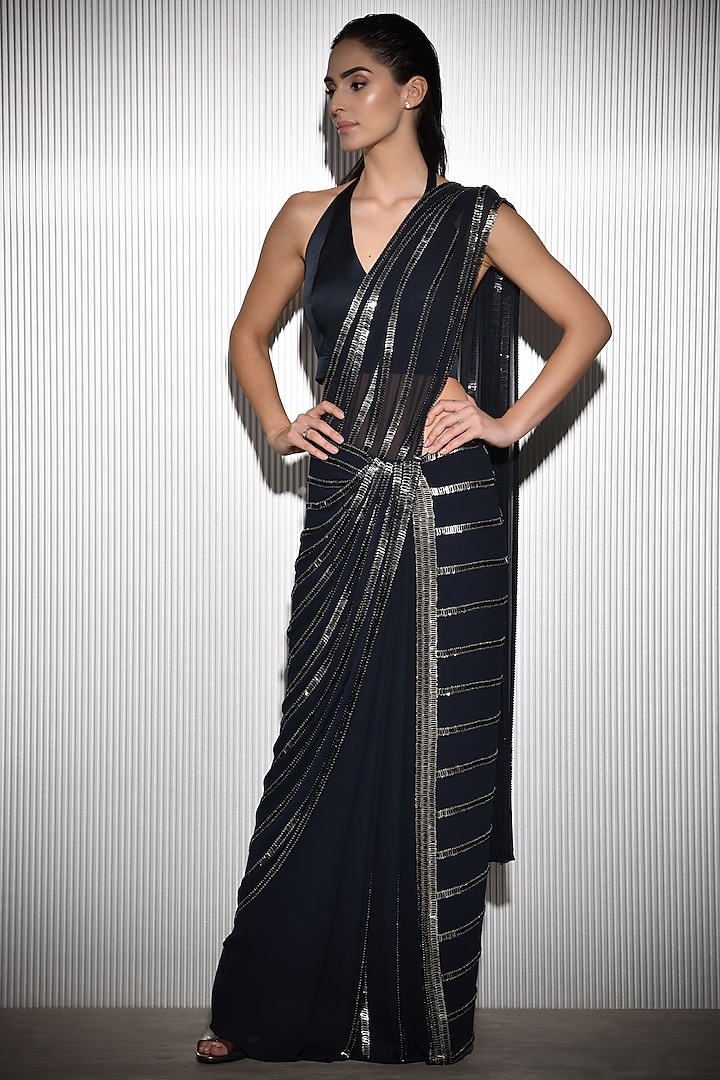 Navy Blue Nylon & Tulle Sequins Embroidered Saree Set by Rohit Gandhi & Rahul Khanna