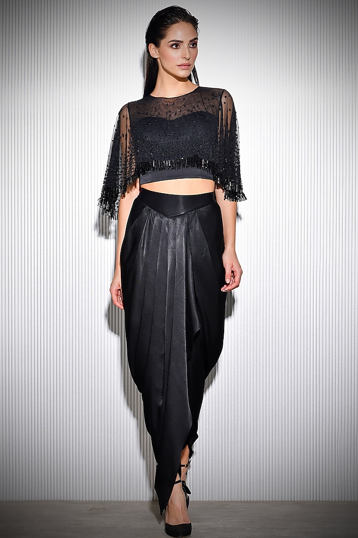 Black Embroidered Cape With Draped Trousers by Rohit Gandhi & Rahul Khanna