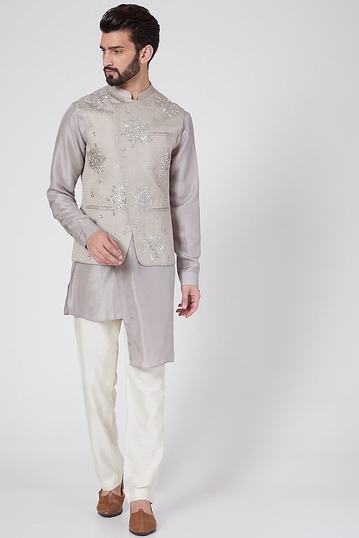 Grey Embroidered Waist Jacket by Rohit Gandhi & Rahul Khanna Men