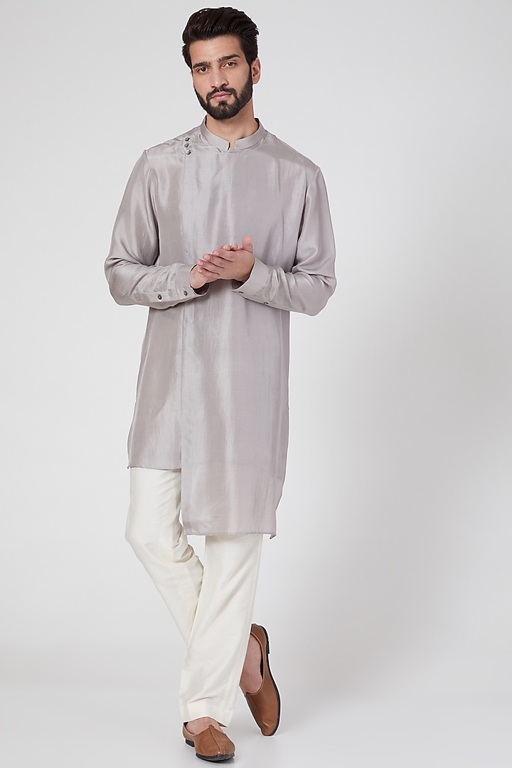 Grey Silk Draped Kurta by Rohit Gandhi & Rahul Khanna Men