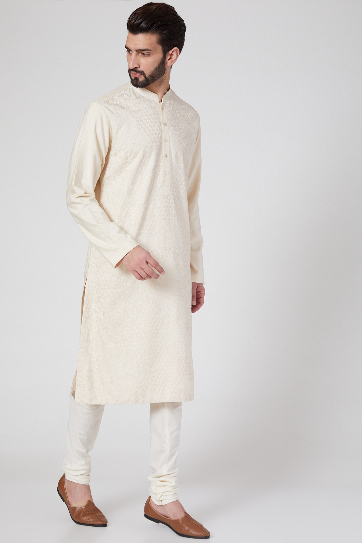 Ivory Embroidered Kurta Set by Rohit Gandhi & Rahul Khanna Men