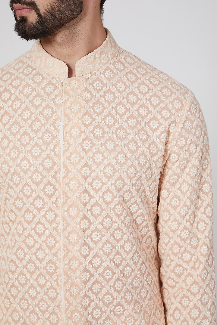 Peach Embroidered Wedding Sherwani by Rohit Gandhi & Rahul Khanna Men at Pernia's Pop Up Shop