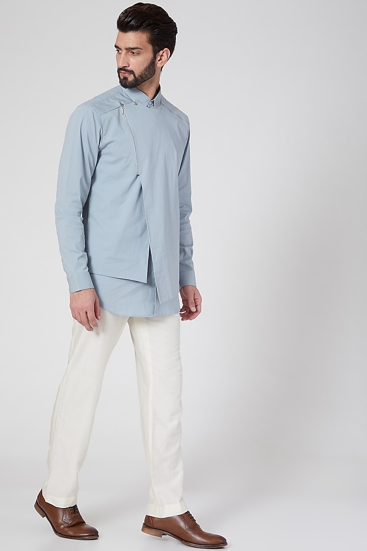 Sky Blue Cotton Multi Layered Shirt by Rohit Gandhi & Rahul Khanna Men