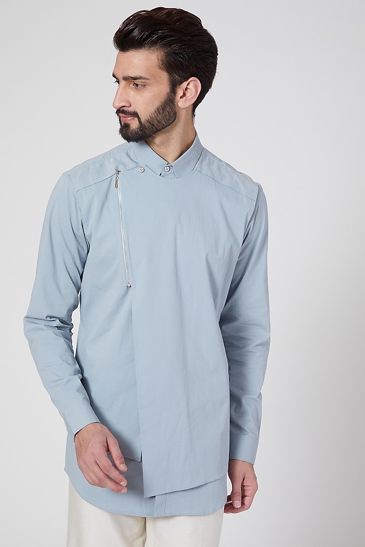 Sky Blue Cotton Multi Layered Party Wear Shirt by Rohit Gandhi & Rahul Khanna Men at Pernia's Pop Up Shop