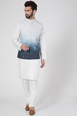 White Cotton Digital Printed Nehru Jacket by Rohit Gandhi & Rahul Khanna Men