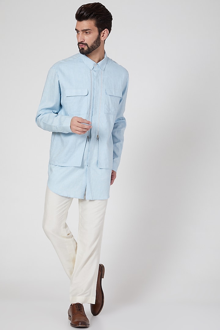 Sky Blue Cotton Multi Paneled Shirt by Rohit Gandhi & Rahul Khanna Men