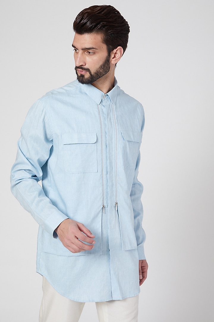 Sky Blue Cotton Multi Paneled Party Wear Shirt by Rohit Gandhi & Rahul Khanna Men at Pernia's Pop Up Shop