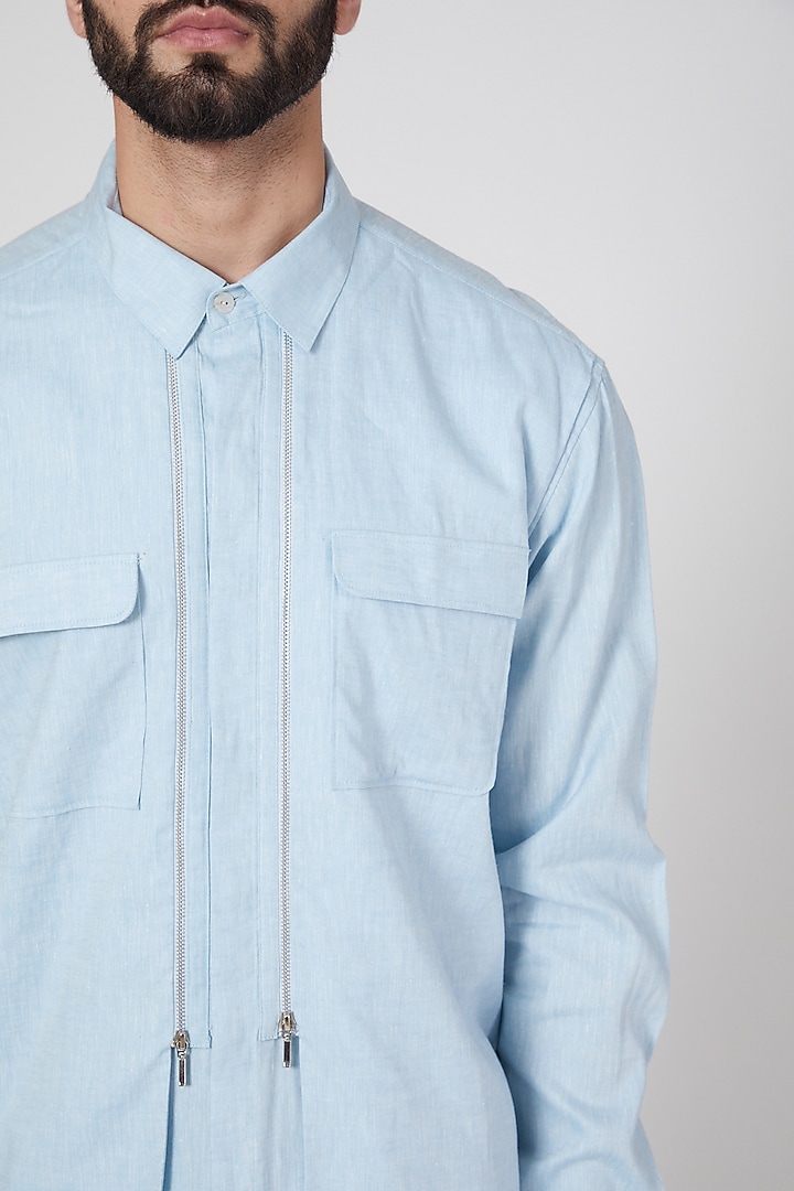 Sky Blue Cotton Multi Paneled Party Wear Shirt by Rohit Gandhi & Rahul Khanna Men at Pernia's Pop Up Shop