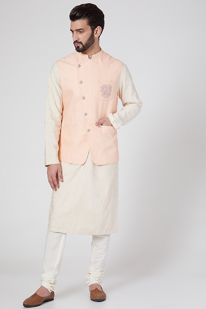 Peach Embroidered Waist Jacket by Rohit Gandhi & Rahul Khanna Men