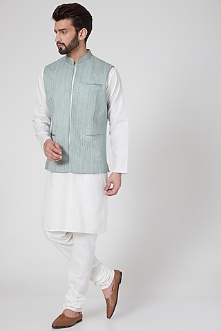 Mint Green Cotton Embroidered Nehru Jacket by Rohit Gandhi & Rahul Khanna Men