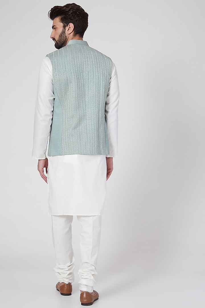 Mint Green Cotton Embroidered Nehru Jacket by Rohit Gandhi & Rahul Khanna Men at Pernia's Pop Up Shop