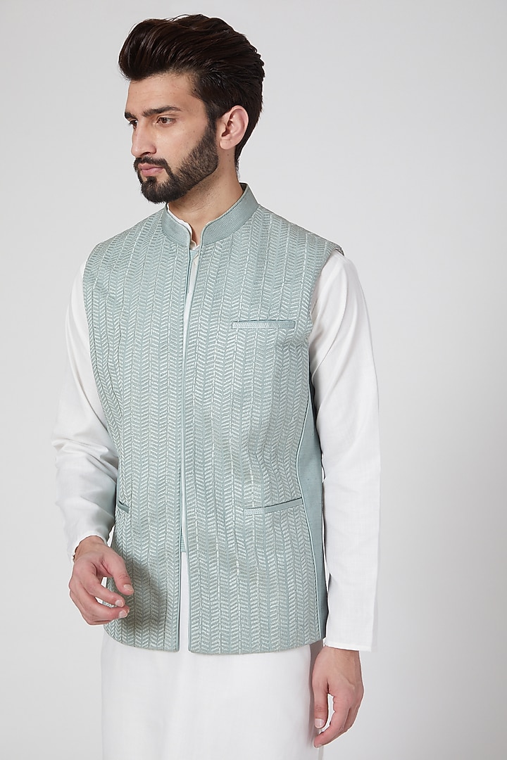 Mint Green Cotton Embroidered Nehru Jacket by Rohit Gandhi & Rahul Khanna Men at Pernia's Pop Up Shop