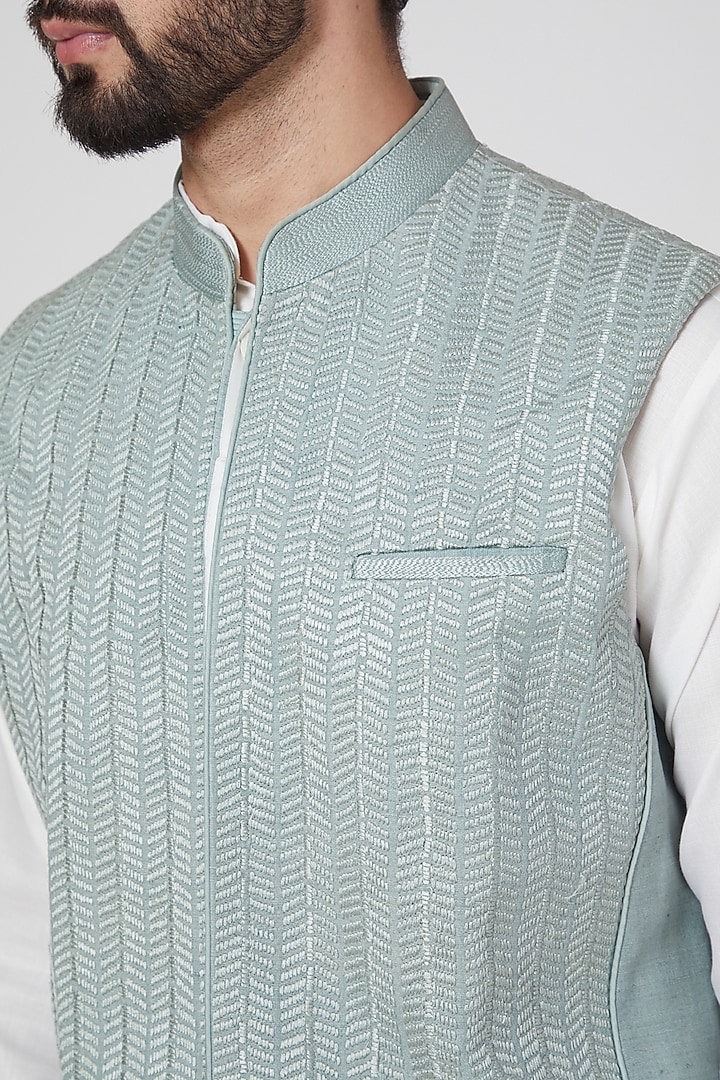 Mint Green Cotton Embroidered Nehru Jacket by Rohit Gandhi & Rahul Khanna Men at Pernia's Pop Up Shop