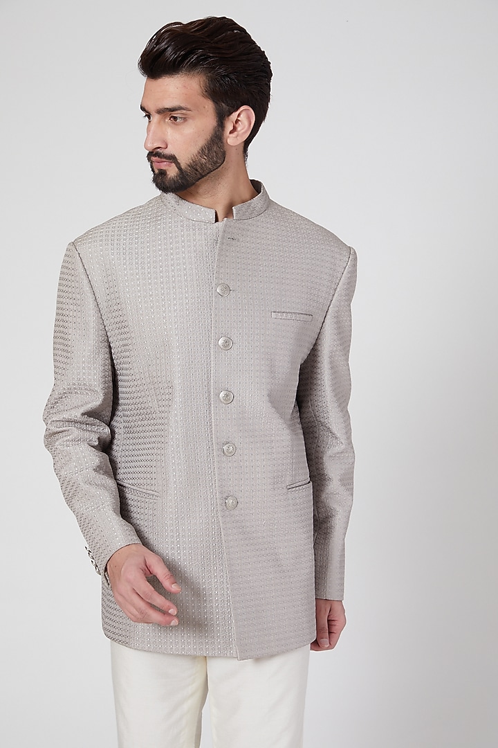 Grey Embroidered Groom Bandhgala by Rohit Gandhi & Rahul Khanna Men at Pernia's Pop Up Shop