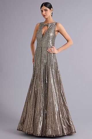 Lilac Grey Tulle Sequins Embellished Gown by Rohit Gandhi & Rahul Khanna