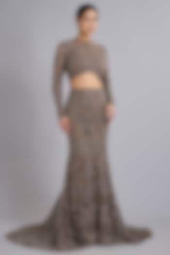 Mocha Brown Tulle Sequins Embellished Skirt Set by Rohit Gandhi & Rahul Khanna at Pernia's Pop Up Shop