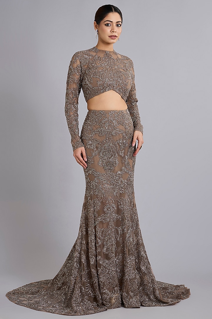 Mocha Brown Tulle Sequins Embellished Skirt Set by Rohit Gandhi & Rahul Khanna at Pernia's Pop Up Shop