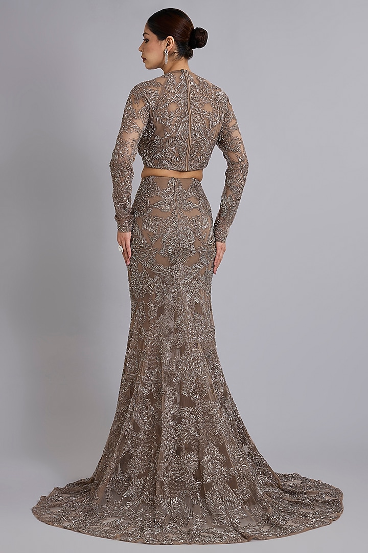 Mocha Brown Tulle Sequins Embellished Skirt Set by Rohit Gandhi & Rahul Khanna at Pernia's Pop Up Shop