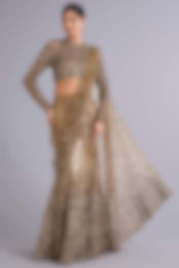 Gold Tulle Sequins Embellished Mermaid Bridal Lehenga Saree Set by Rohit Gandhi & Rahul Khanna at Pernia's Pop Up Shop