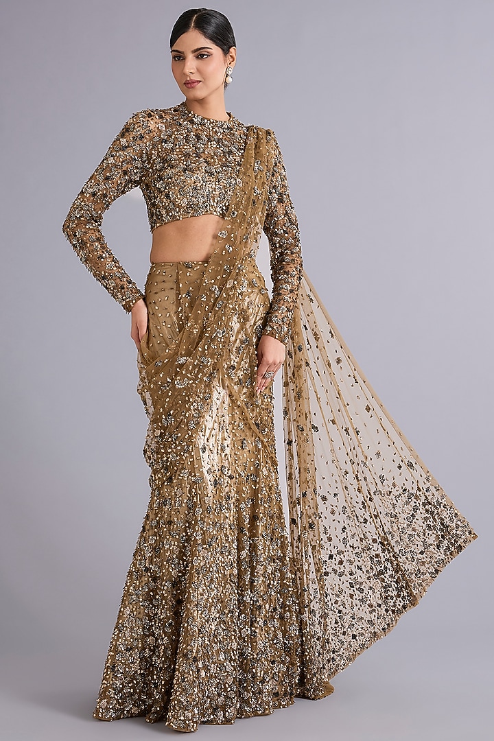 Gold Tulle Sequins Embellished Mermaid Bridal Lehenga Saree Set by Rohit Gandhi & Rahul Khanna at Pernia's Pop Up Shop