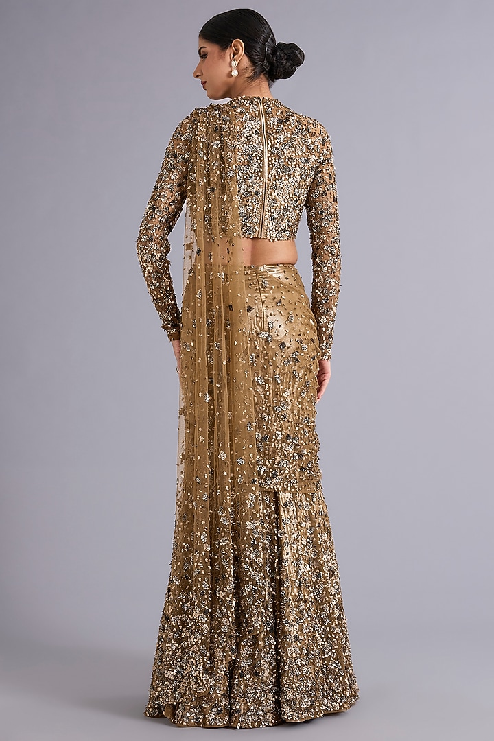 Gold Tulle Sequins Embellished Mermaid Bridal Lehenga Saree Set by Rohit Gandhi & Rahul Khanna at Pernia's Pop Up Shop
