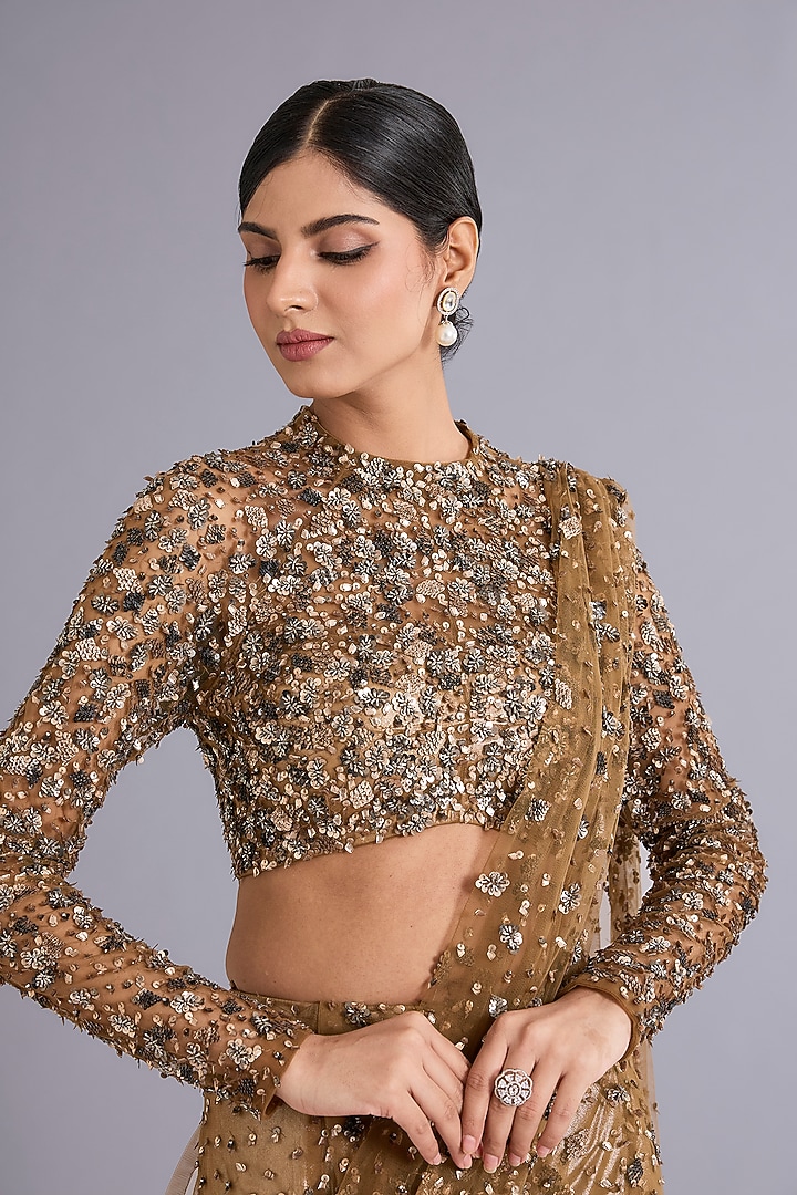 Gold Tulle Sequins Embellished Mermaid Bridal Lehenga Saree Set by Rohit Gandhi & Rahul Khanna at Pernia's Pop Up Shop