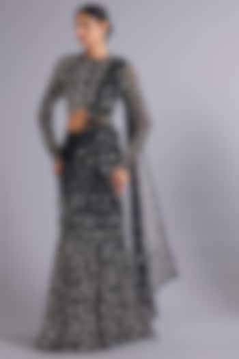 Navy Blue Tulle Sequins Embellished Mermaid Bridal Lehenga Saree Set by Rohit Gandhi & Rahul Khanna at Pernia's Pop Up Shop