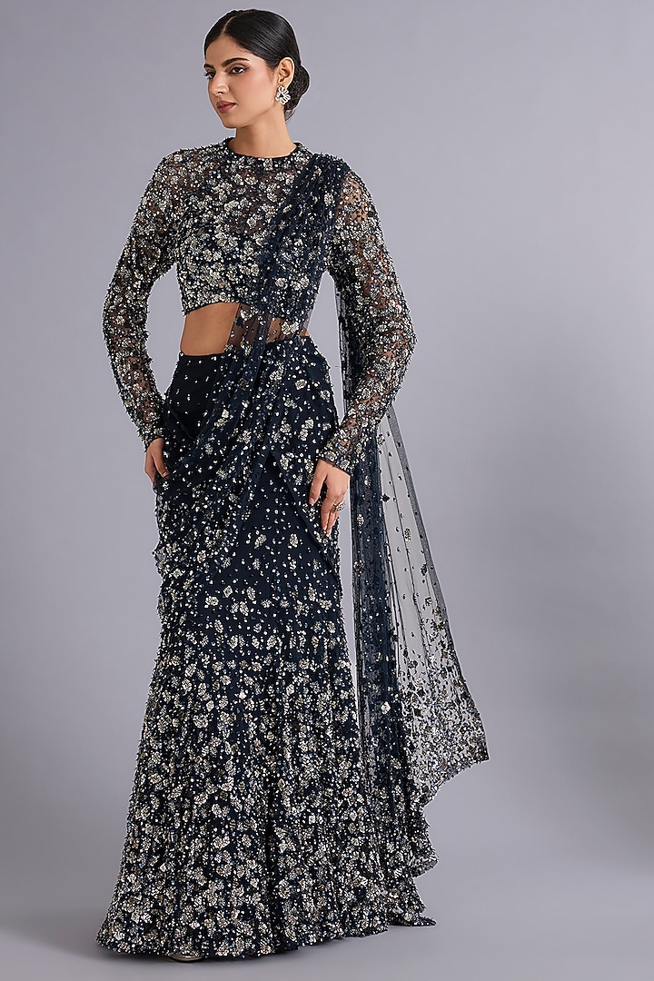 Navy Blue Tulle Sequins Embellished Mermaid Bridal Lehenga Saree Set by Rohit Gandhi & Rahul Khanna at Pernia's Pop Up Shop