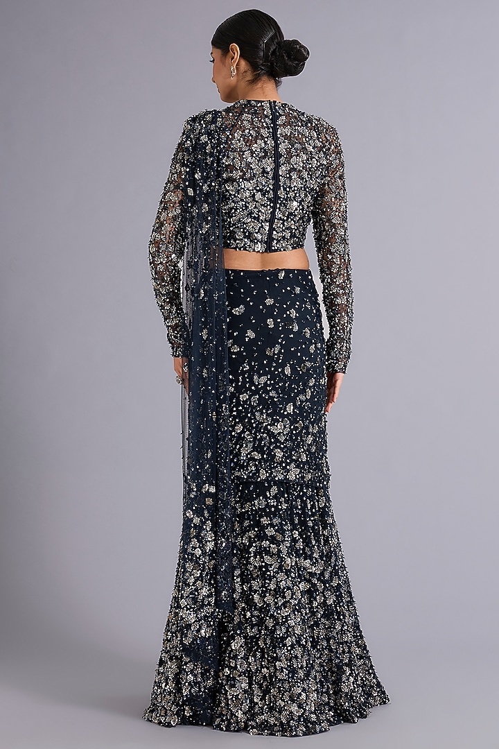 Navy Blue Tulle Sequins Embellished Mermaid Bridal Lehenga Saree Set by Rohit Gandhi & Rahul Khanna at Pernia's Pop Up Shop