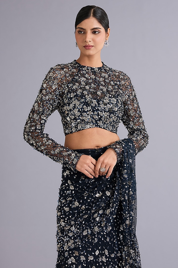 Navy Blue Tulle Sequins Embellished Mermaid Bridal Lehenga Saree Set by Rohit Gandhi & Rahul Khanna at Pernia's Pop Up Shop