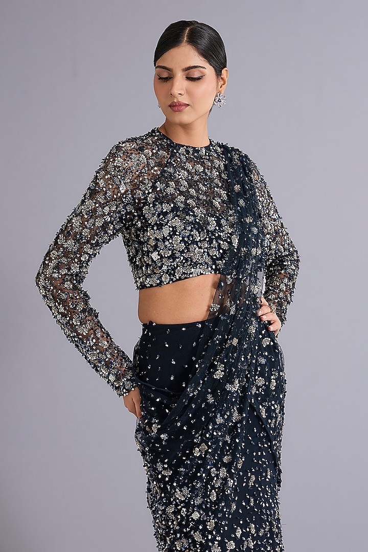 Navy Blue Tulle Sequins Embellished Mermaid Bridal Lehenga Saree Set by Rohit Gandhi & Rahul Khanna at Pernia's Pop Up Shop