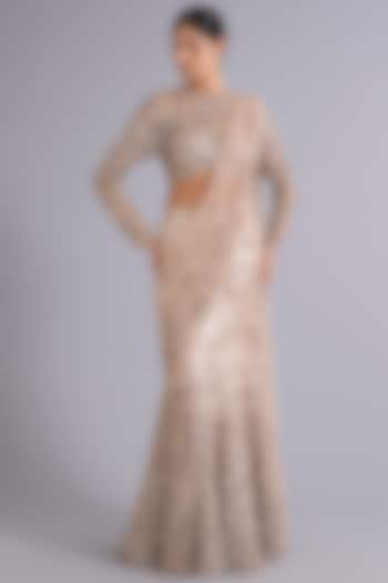 Champagne Gold Tulle Sequins Embellished Draped Bridal Lehenga Saree Set by Rohit Gandhi & Rahul Khanna at Pernia's Pop Up Shop