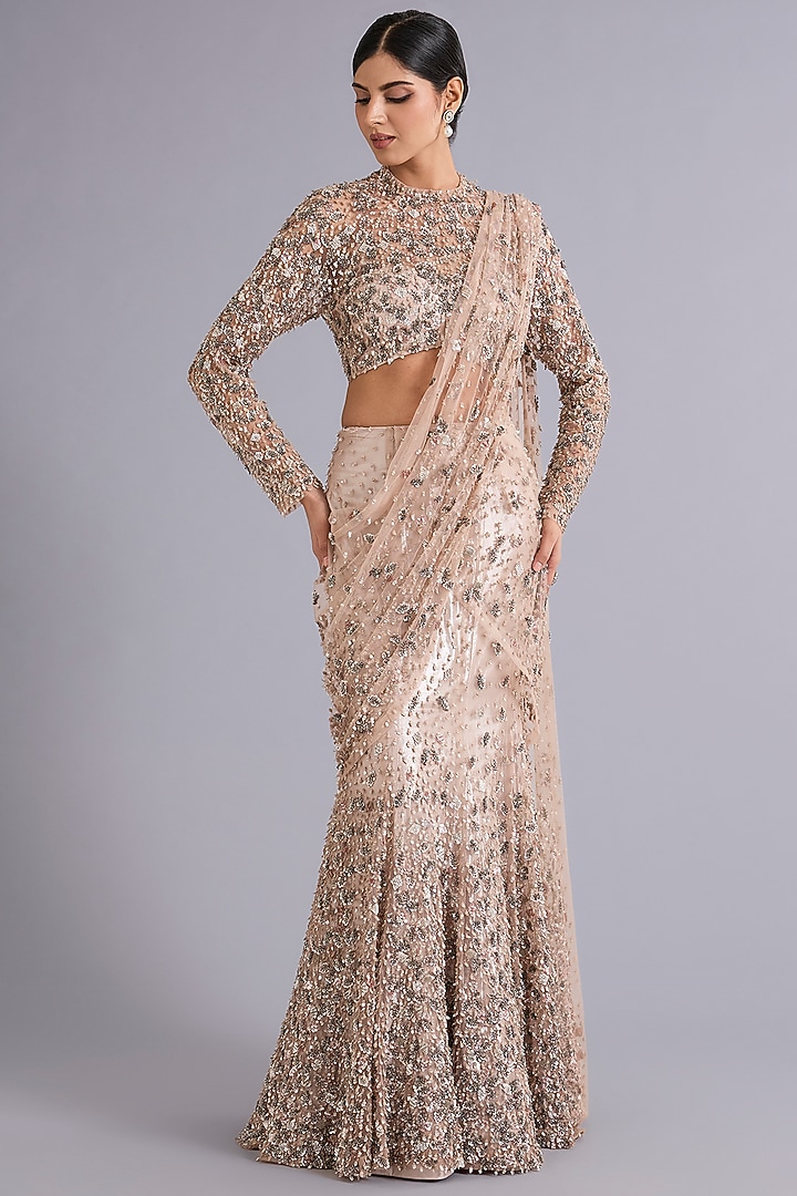 Champagne Gold Tulle Sequins Embellished Draped Bridal Lehenga Saree Set by Rohit Gandhi & Rahul Khanna at Pernia's Pop Up Shop