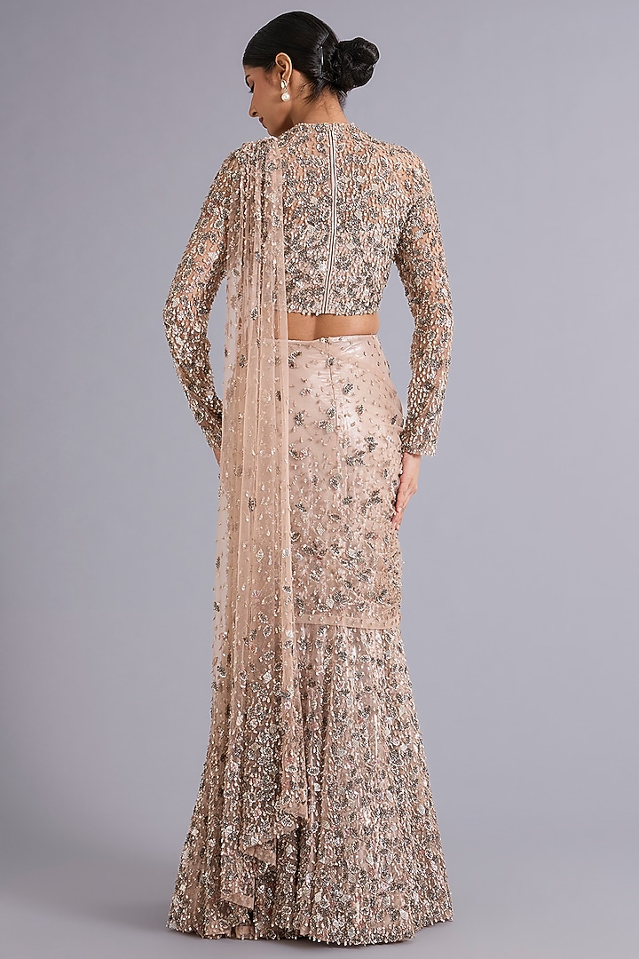 Champagne Gold Tulle Sequins Embellished Draped Bridal Lehenga Saree Set by Rohit Gandhi & Rahul Khanna at Pernia's Pop Up Shop